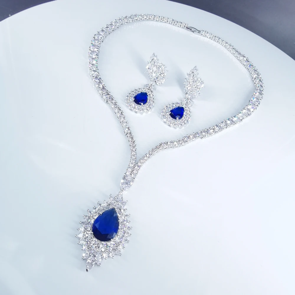2020 Новая мода синяя капля воды CZ ожерелье с кристаллами из циркона серьги ювелирный набор для женщин одевание Свадебные ювелирные изделия Б...