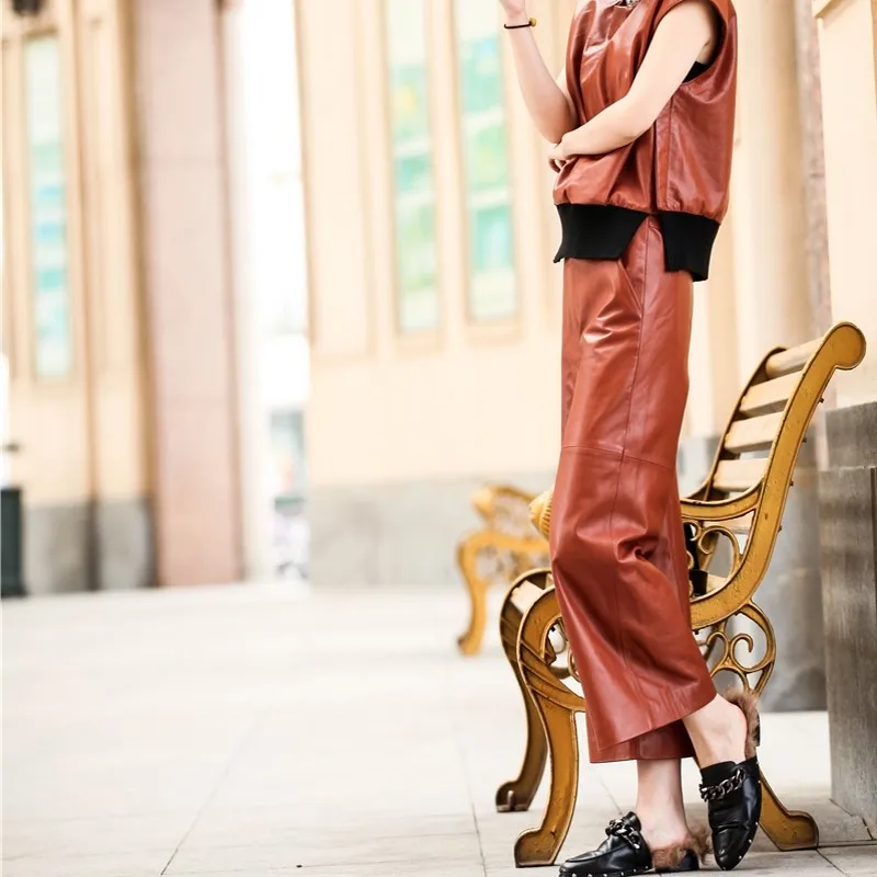 

2021 New Spring Women Brown Genuine Leather Pants High Quality Loose Fit Wide Pants Ladies Trousers Streetwear Fashion Female