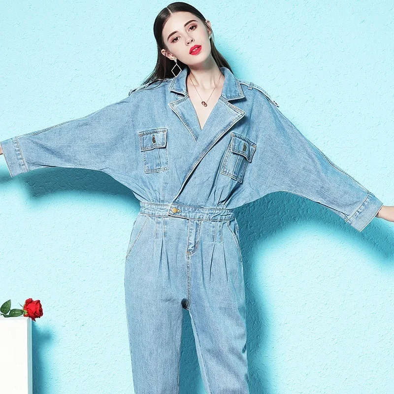 Комбинезон женский джинсовый с V образным вырезом весна осень| |