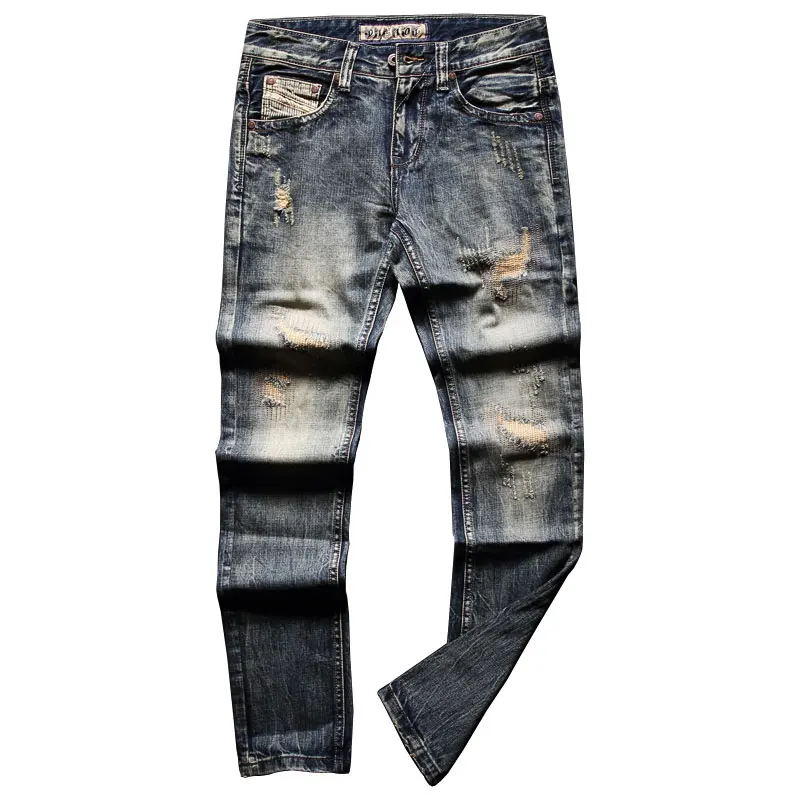 Newly Streetwear Fashion Men Jeans Distressed Slim Fit Destroyed Ripped Jeans Men Patchwork Vintage Designer Retro Denim Pants