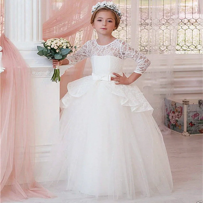 

Ivory White Flower Girl Dress Lace Tiered Tulle O Neck Long Sleeve Girls First Communion Dress for Ceremony Birthday Gown