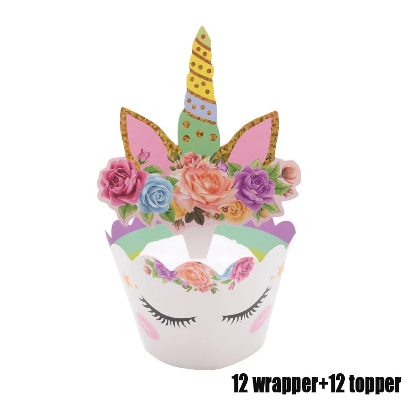 12 wrapper 12 topper Комплект украшений для вечеринки в виде единорога, тарелки, салфетки для стаканчиков, покрытие для стола, для дня рождения, свадьбы - Цвет: 12 wrapper 12 topper