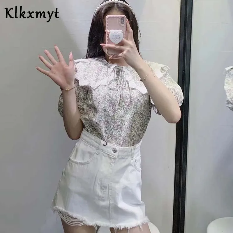 

Za Summer Women Blouse 2021 Short Puff Sleeve Turn Down Collar Female Casual Tops Floral Printed Sweet Girls Woman Shirt Blouse