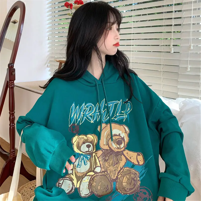 

Street Vintage Style Long Hoodie Cute Bear Print Pullover Spring 2021 Korea Oversized Loose Sweatshirt Women Fashion Clothing