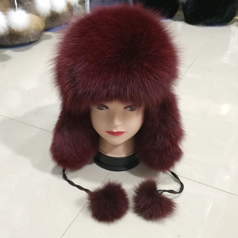 Зимняя теплая шапка бомбер из натурального Лисьего меха женские пушистые шапки