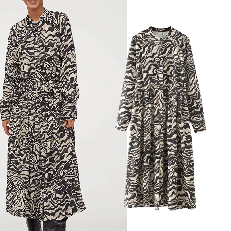 

Xypskh Za Women New Fashion Zebra Print Loose Midi Dress Vintage O Neck Long Sleeve Female Dresses Vestidos Mujer