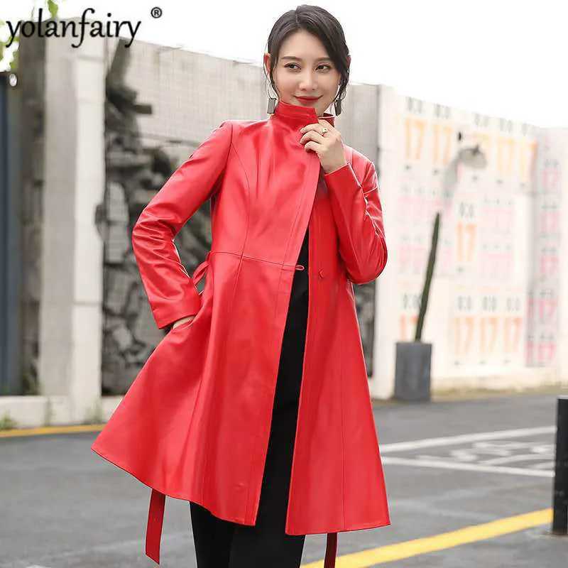 Красная куртка из натуральной кожи женская элегантная кожаная пальто овечьей
