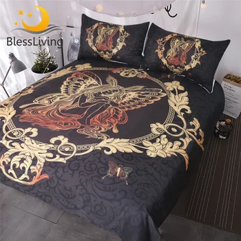 BlessLiving Fairy Butterfly Girl Mirror Bedding Set 3 Piece Gold Paisley Duvet Cover Set Girly Bedspreads Chic Black Bed Cover 1