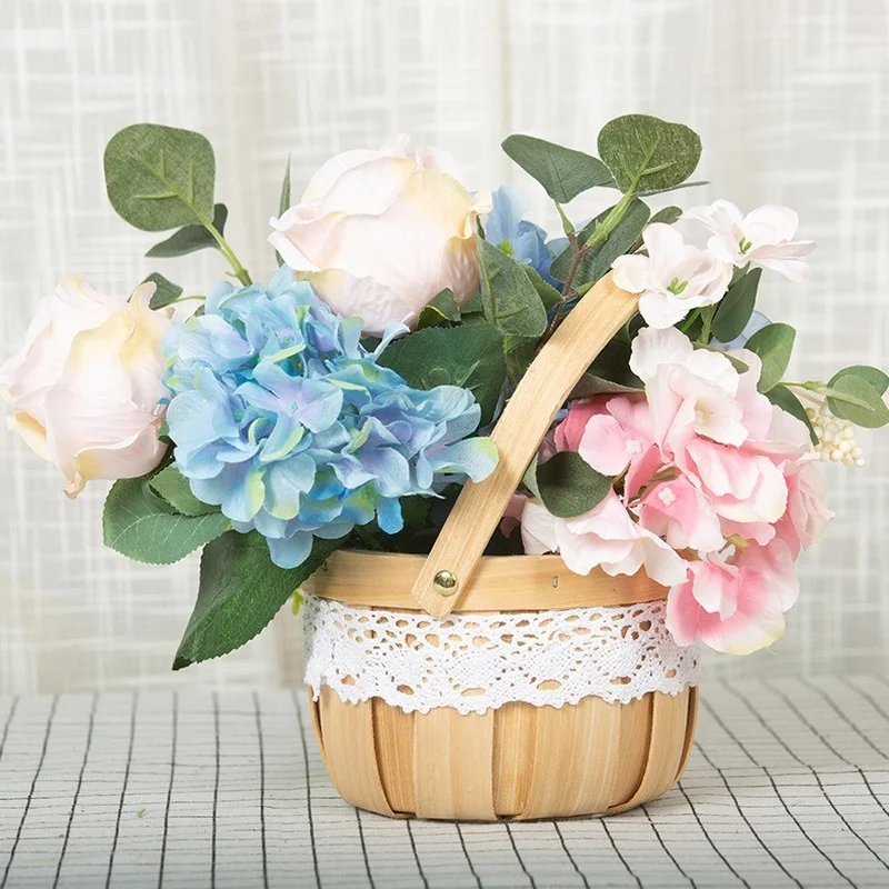 

Hand Weaving Storage Basket Wedding Girls Flower Basket Wicker Natural RattanCrafts With Lace Decoration Handle storage bins