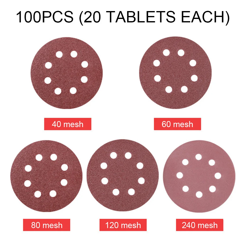 

100 PCS Sanding Disc 5 Inch 8 Hole Round Shape Sandpaper 40/60/80/120/240 Grits Sandpaper Grinding Polishing Tools