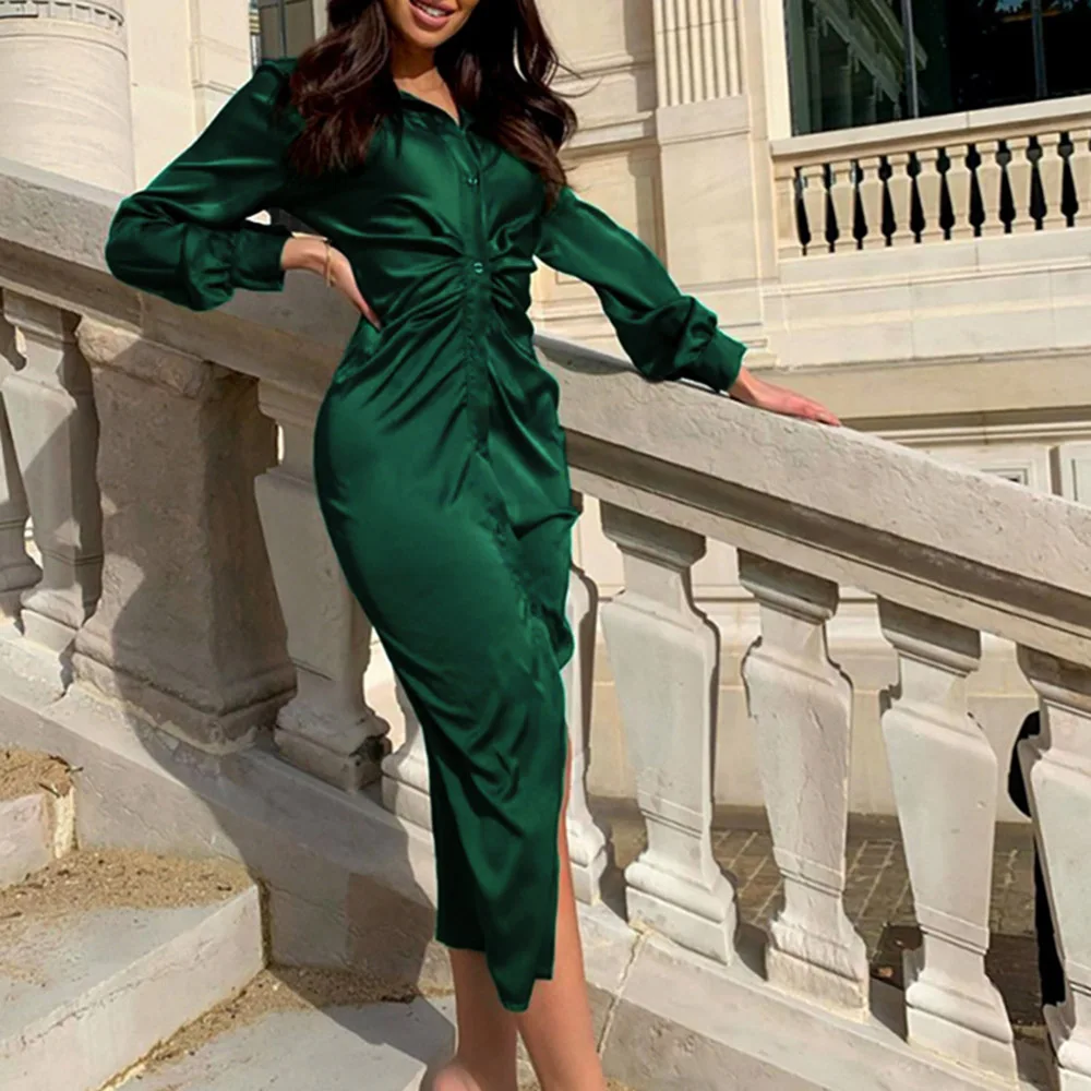 

Spring And Autumn Solid Color Pleated Waist Green Mid-length Dress Satin Shirt Mid-waist Slim-fit Commuter Bodycon Sexy Dress
