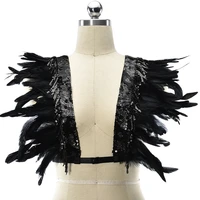 festival rave body harness feather goth clothes accessories black cage bra sexy lingerie shoulder sequins feather wing bra
