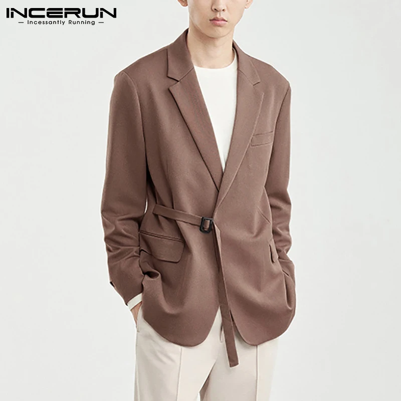 

Men Blazer Solid Color Lapel Long Sleeve Harajuku 2021 Pockets Casual Suits Men Streetwear Lace Up Elegant Coats INCERUN S-5XL
