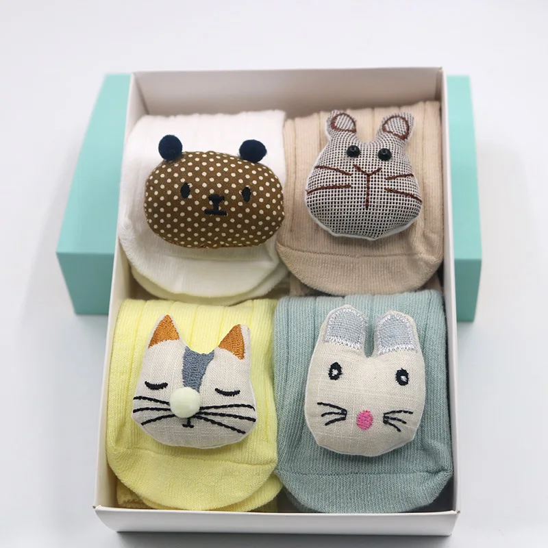 Calcetines de algod&oacute;n transpirables con doble aguja para beb&eacute; reci&eacute;n nacido, calcet&iacute;n de Oto&ntilde;o de Color s&oacute;lido, dulce mu&ntilde;eca de dibujos animados, regalo de 0 a 12 meses, 4 Uds.-3