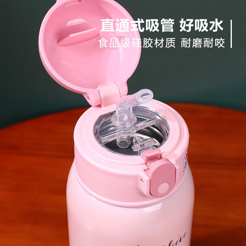 Termo de unicornio de acero inoxidable para ni&ntilde;os, taza de agua encantadora de gran capacidad para estudiantes, con cubierta de taza de felpa de paja-2