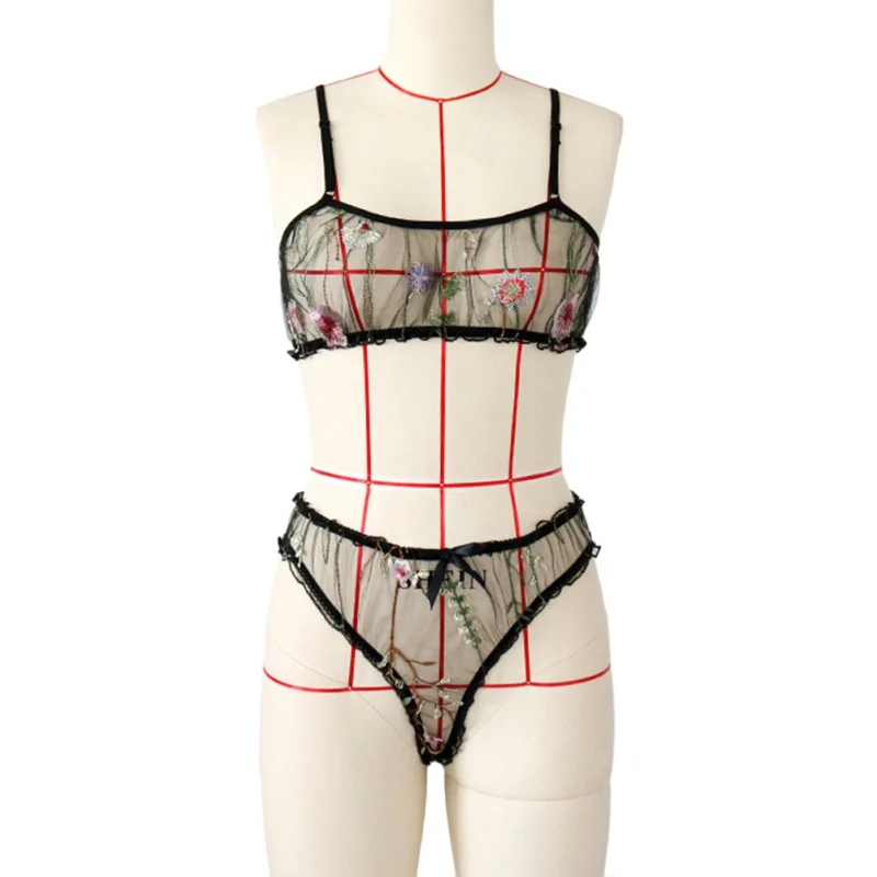 

Sexy Embroidery Perspective Mesh Gauze Bra Set Exotic Underwear For Women