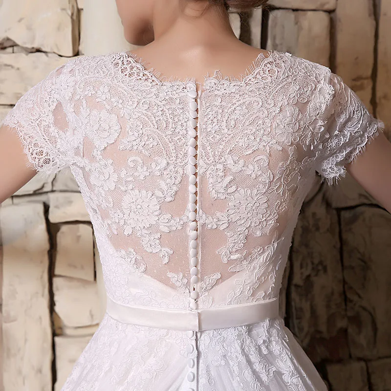 

Classic Wedding Dresses A Line Zipper Short Sleeve Chapel Train Tulle Marriage Gown 2021 Applique Sashes Vestido De Noiva 3916