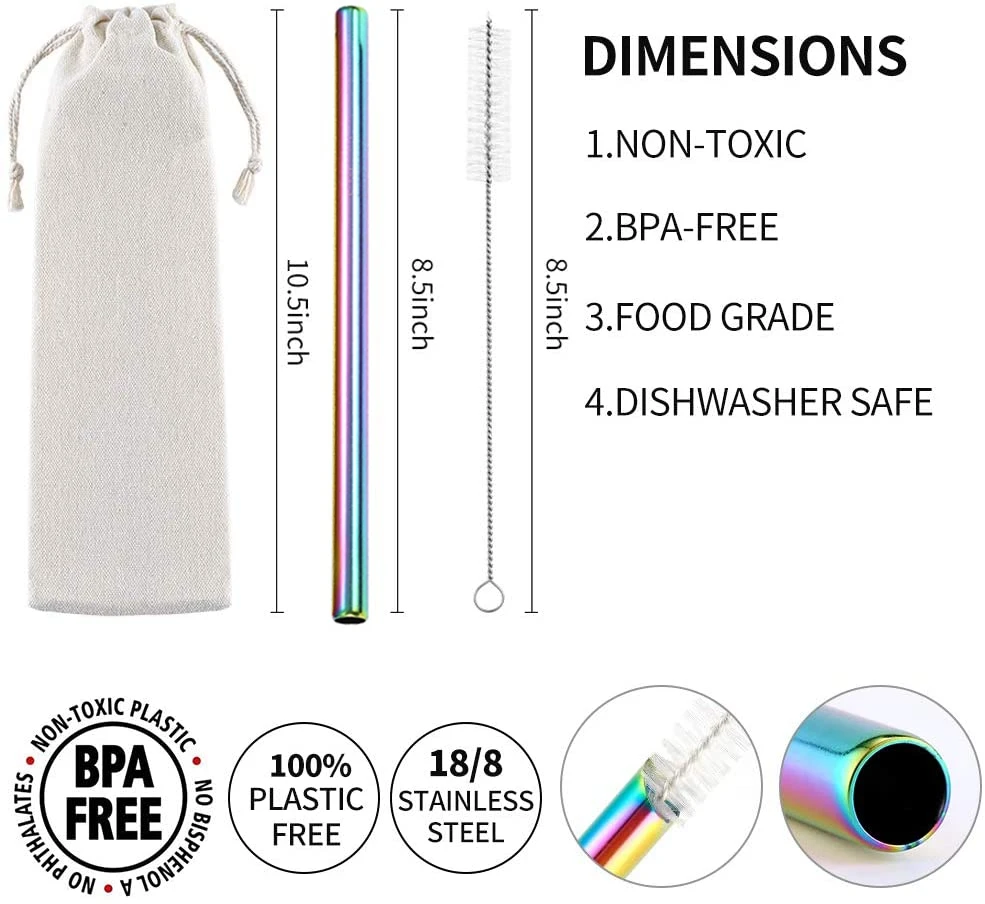 Многоразовые соломинки из нержавеющей стали 304 4 шт. для напитков 12 мм широкие