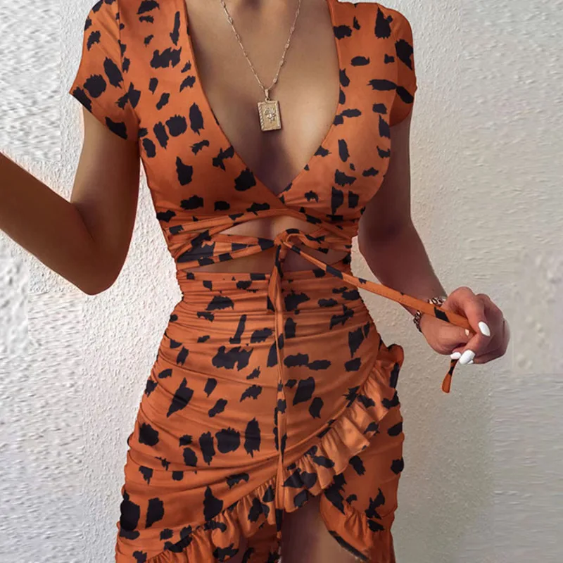 

Summer Beach Dress 2021 Women Fashion Short Sleeve Sexy V-neck Leopard Print Irregular Ruffles Wrap Dresses Vestidos Swimwear