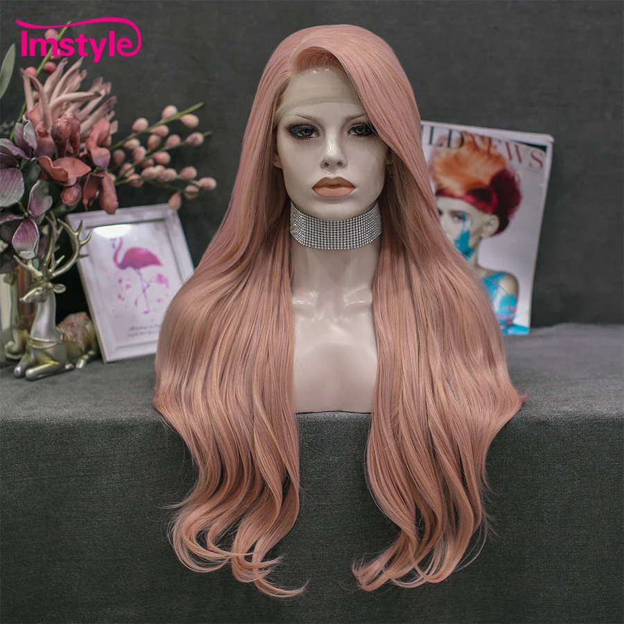 

Imstyle Peach Pink Lace Wig Long Synthetic Lace Front Wig Heat Resistant Fiber Natural Wavy Cosplay Daily Wigs For Women