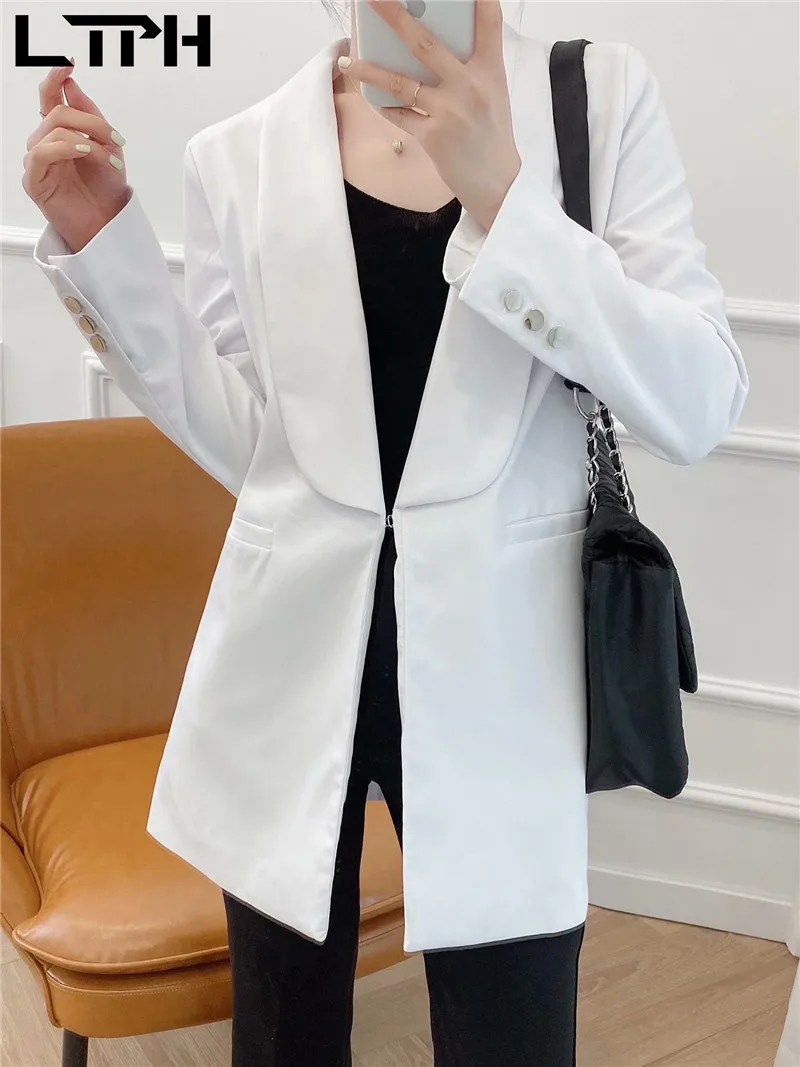 LTPH-Chaqueta de Blanco sólido sencillo para mujer, chaqueta informal que combina con todo, estilo de fiesta, larga, botones ocultos, abrigo de traje para mujer, primavera 2021