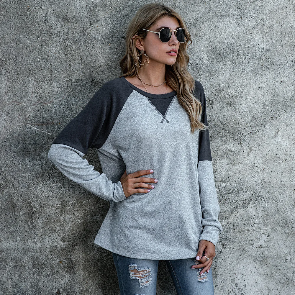 

Women Casual T-shirt Two-color Patchwork Long Sleeve Round Neck Oversized Tee Loose Y2k Autumn And Winter New Ladies Top Clothes
