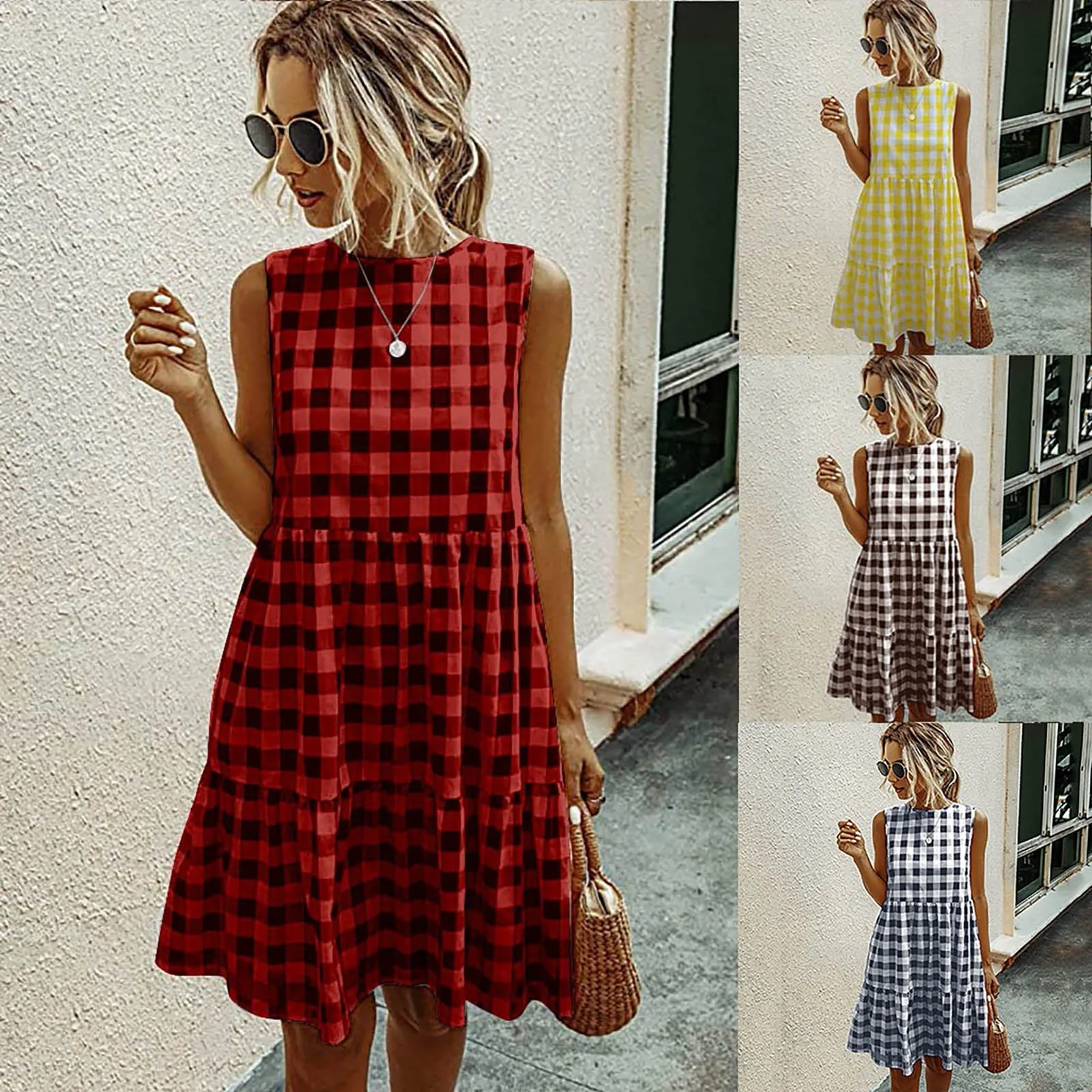 

Ladies Sleeveless Pocket Plaid Dress Summer Plaid Sleeveless Casual Dress Round Neck Printed Ruffle Dress Q6