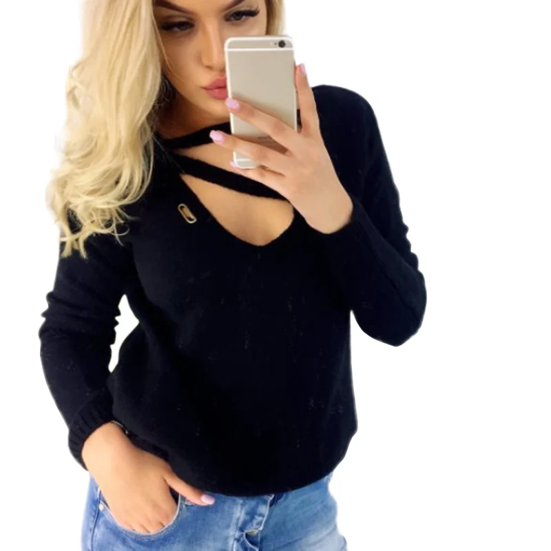 Женская осенне-зимняя футболка сексуальная с длинным рукавом выемкой черная
