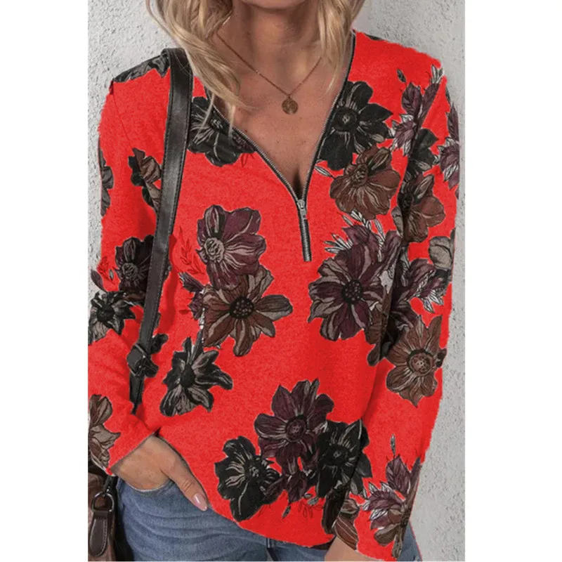 

New Spring Autumn Shorts T-Shirts Women Long Sleeve Zippers V-Neck Fashion Tee Flower Print Casual Top Loose Street Lady T-Shirt