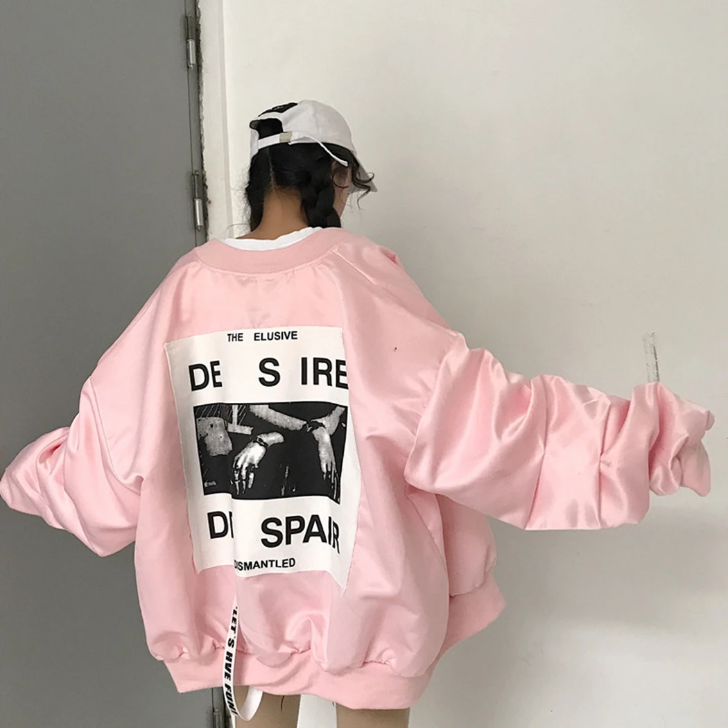 Harajuku Bomber Jacket Women Letter Print Loose Windbreaker Coats Autumn Winter Long Sleeve Zipper Jackets Oversized Outwear