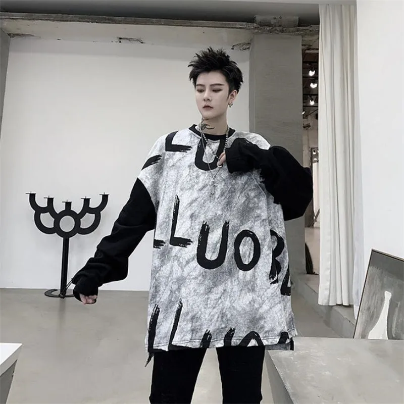 

2021 New Hip Hop Letter Pattern Sleeve Drawstring Color Block Loose Men's Long Sleeve Hooded Sweatshirt FD