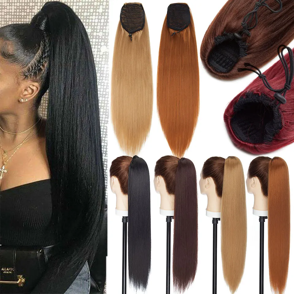 

S-noilite 22inch Afro Yaki straight ponytail clip in ponytail hair extension drawstring ponytail synthetic hair for women