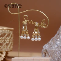 obear 14k real gold plating korean zircon pearl tassel stud earrings women fashion temperament engagement jewelry