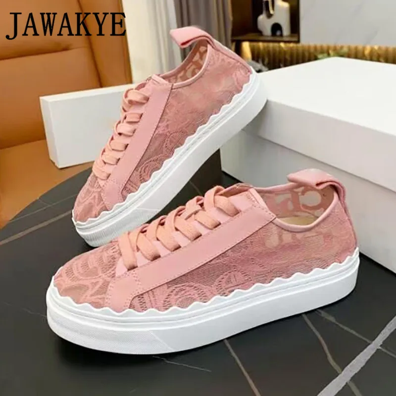 

Кроссовки женские сетчатые с круглым носком, дышащие, на толстой подошве, со шнуровкой, повседневные брендовые, бежевые, розовые, на лето