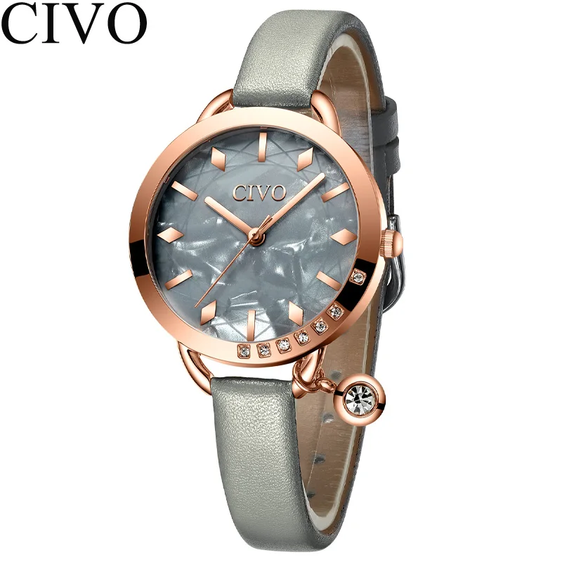 leather gray Relogio feminino CIVO модный синий кожаный ремешок женские наручные часы Роскошные Кристальные водонепроницаемые повседневные часы женские подарочные часы - Цвет: leather gray