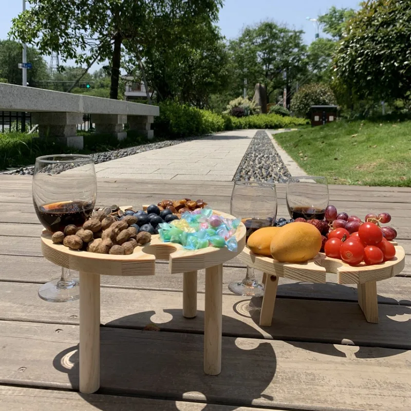 

Portable Wooden Folding Dining Table Round Desktop Small Desk Outdoor Picnic Wine Table Holder Travel Beach Garden Furniture