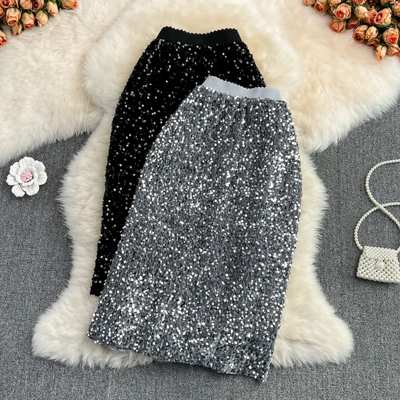 

bling bling sequined skirts women sexy velour dresses long skirt korean style mujer faldas