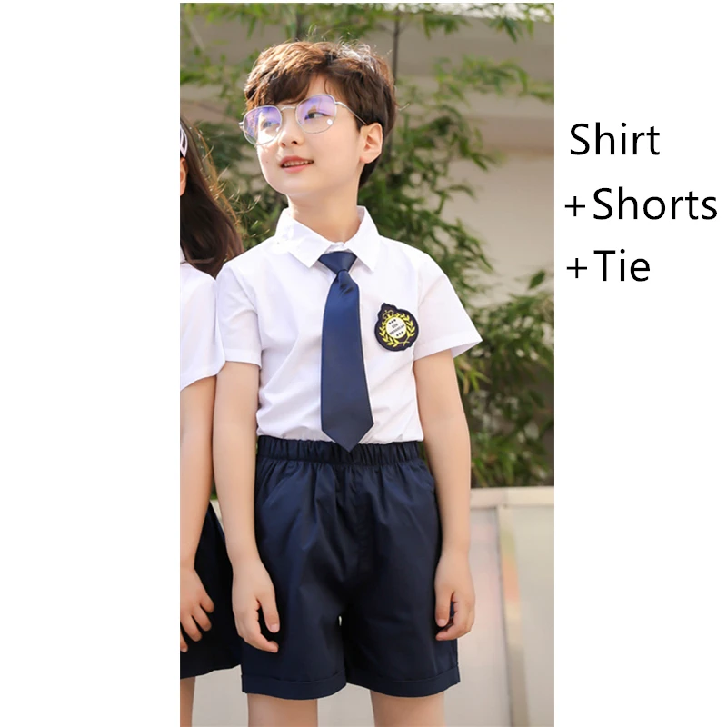 Boys Set Новое поступление, детская модная школьная форма, летние хлопковые корейские Студенческие Костюмы для хора мальчиков и девочек, темно-синие костюмы JK - Цвет: Boys Set