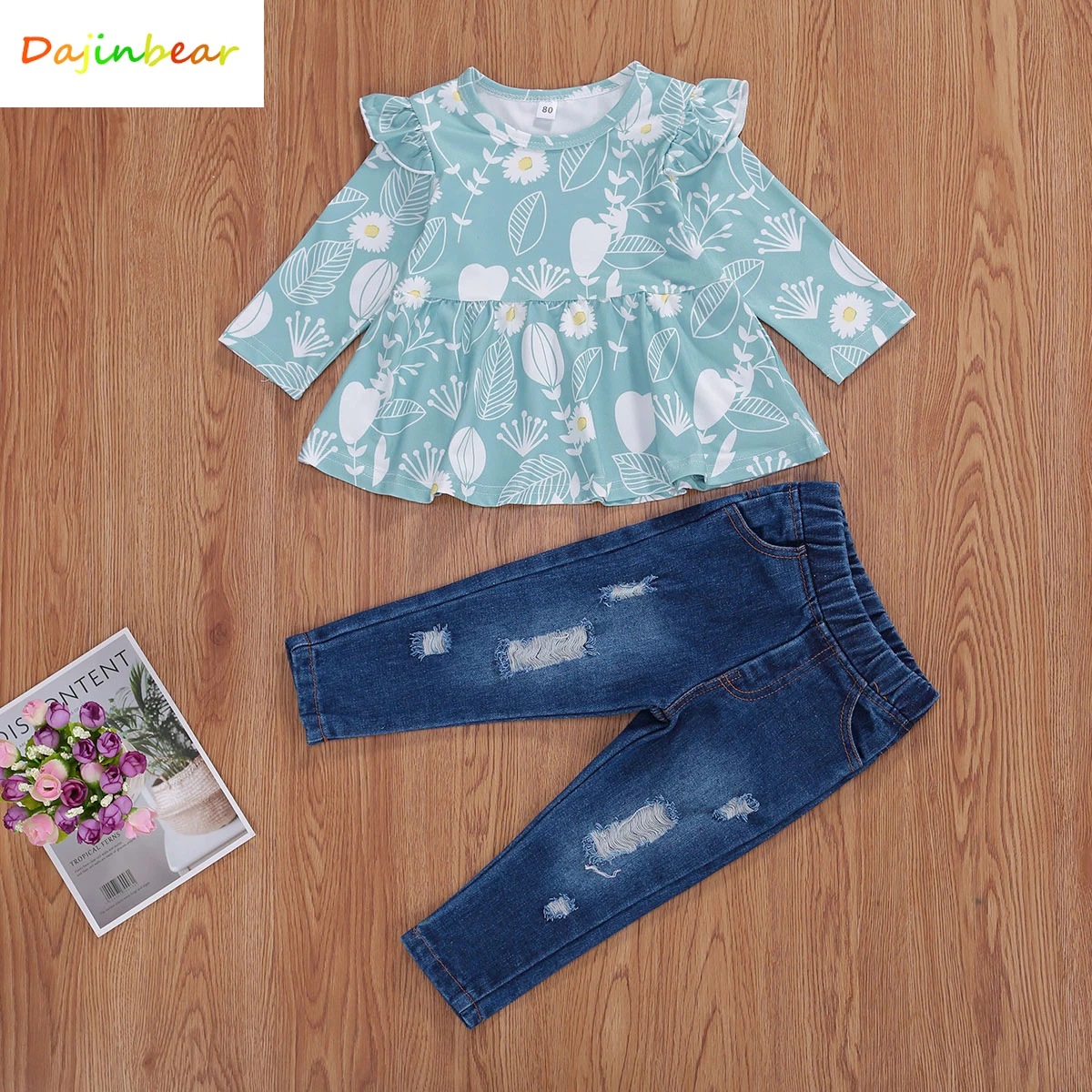 Футболка с оборками и длинным рукавом + рваные джинсовые брюки | Детская одежда