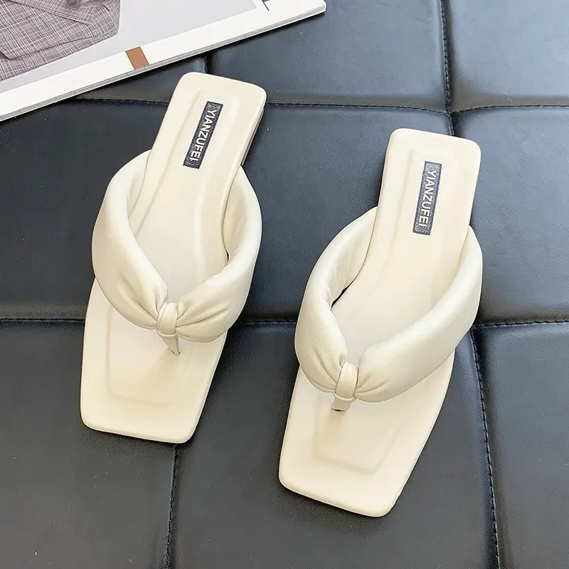 

Flat Shoes Female Woman's Slippers Slides Fashion Square Toe Low Rubber Flip Flops 2021 Luxury Summer Hawaiian Rome Hoof Heels F