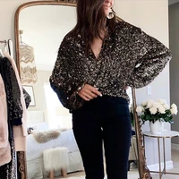 women long sleeve streetwear black solid clubwear party tops sequined glitter blouse tops autumn sexy deep v neck cardigan