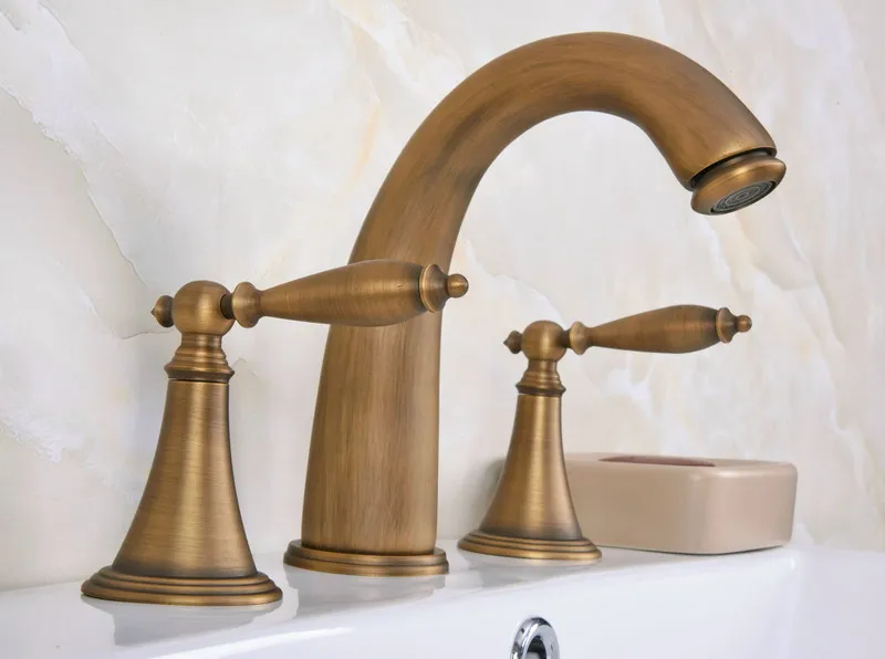Vintage Retro Antique Brass Deck Mounted Dual Handles Widespread Bathroom 3 Holes Basin Faucet Mixer Water Taps man081 | Обустройство