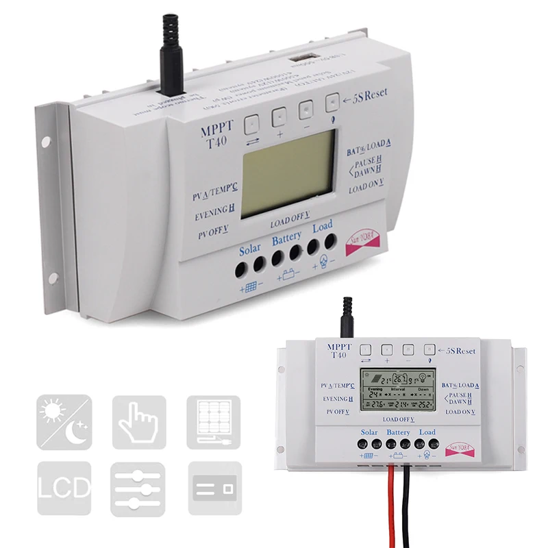 MPPT PWM Solar Charge Controller 40A 12V/24V Solar Panel Battery Regulator 2 USB Port LCD Display Automatica Identification