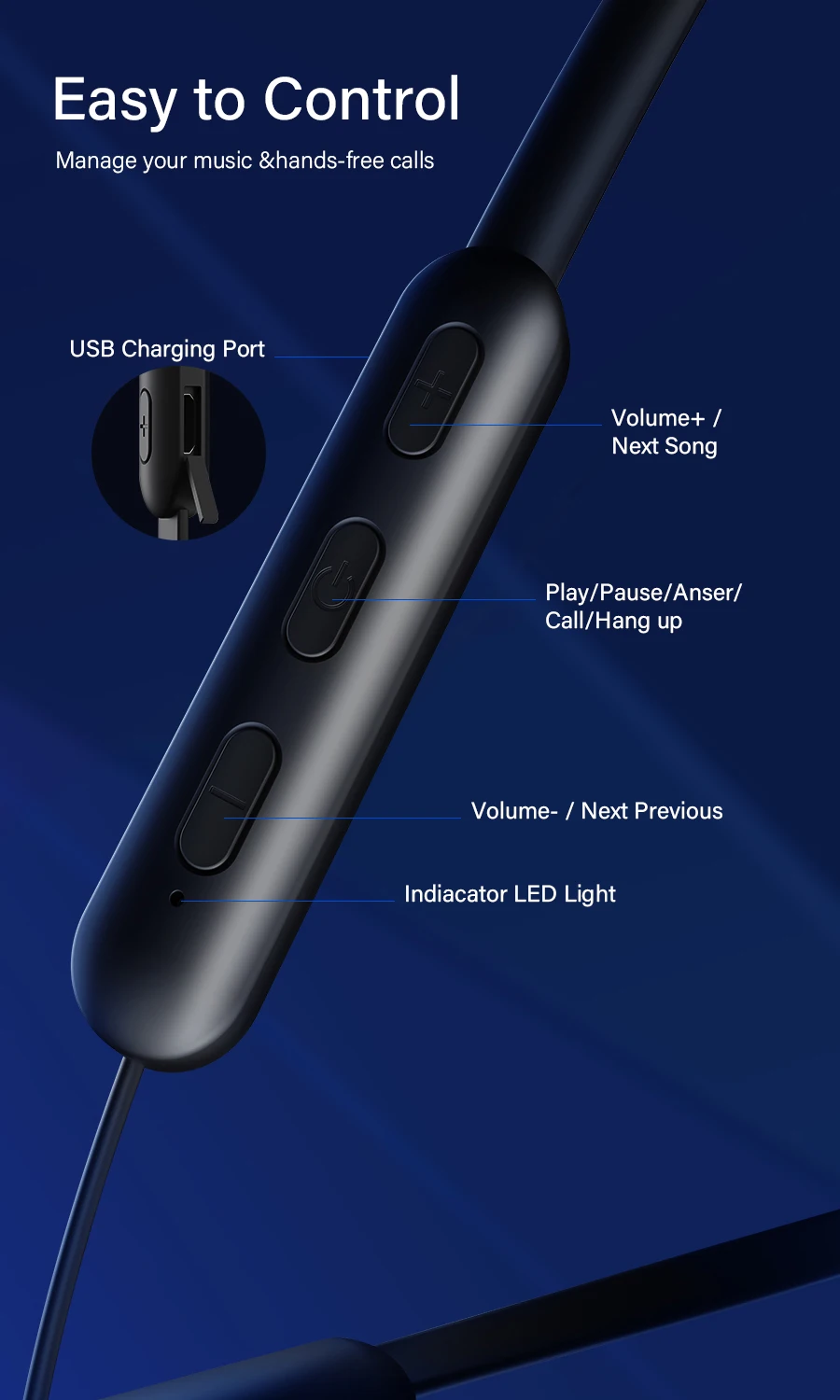 AMPCOM Bluetooth наушники беспроводные Bluetooth 5,0 спортивные наушники стерео наушники с зарядным устройством для iPhone Xiaomi