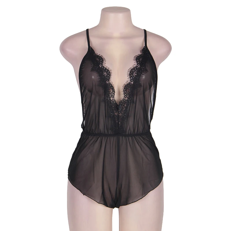 

Comeonlover 2021 New Sexy Transparent Breathable Black After Dark Chiffon Teddy Eyelash Outfit Plus Size Bodysuit women RE80267