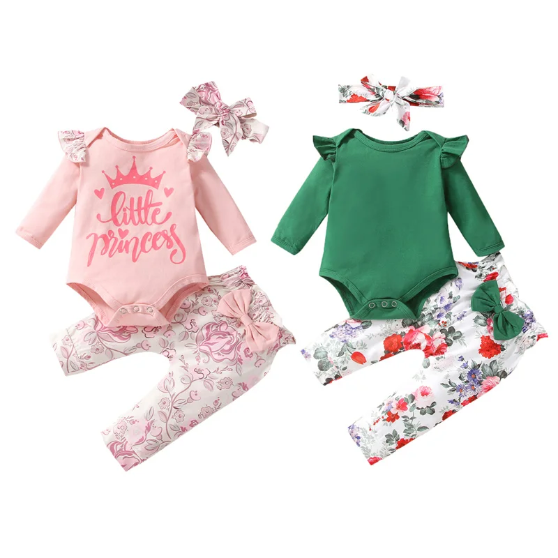 

Cute Newborn Baby Girls Clothes Sets Kids Casual Long Sleeve Ruffle Romper Floral Pants Headband Child Girl Set