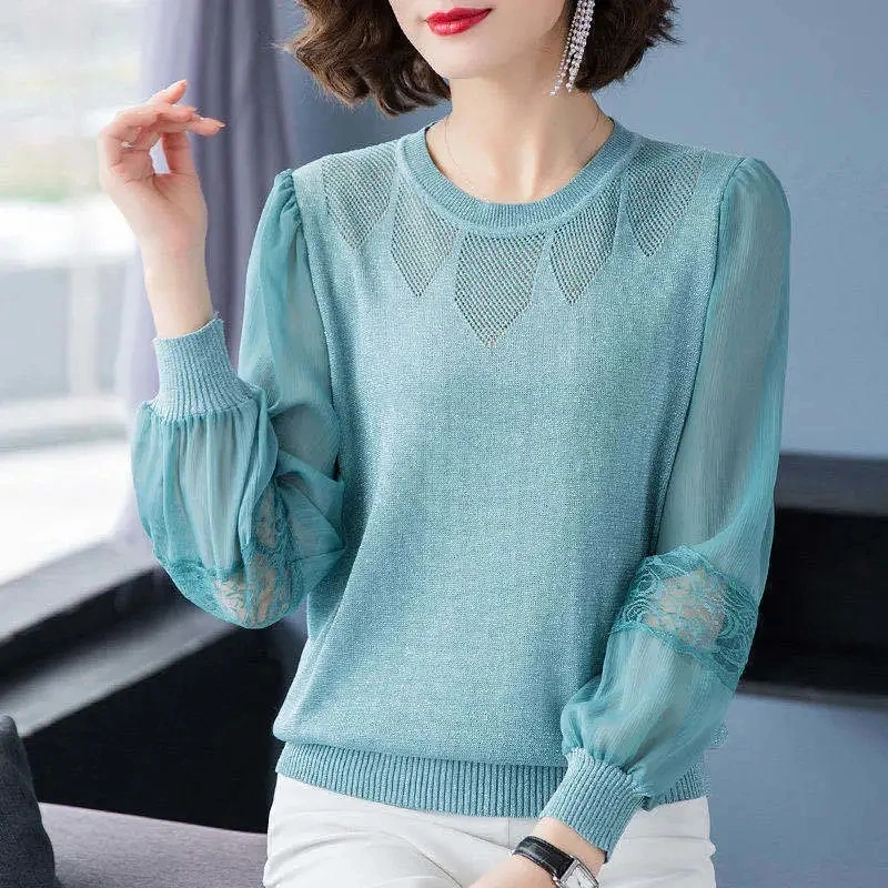 

Korean Style Patchwork Hollow Out Knit tops Women Elegant Solid Color Short Knit Pullover Casual Loose Plus Size Thin Sweater