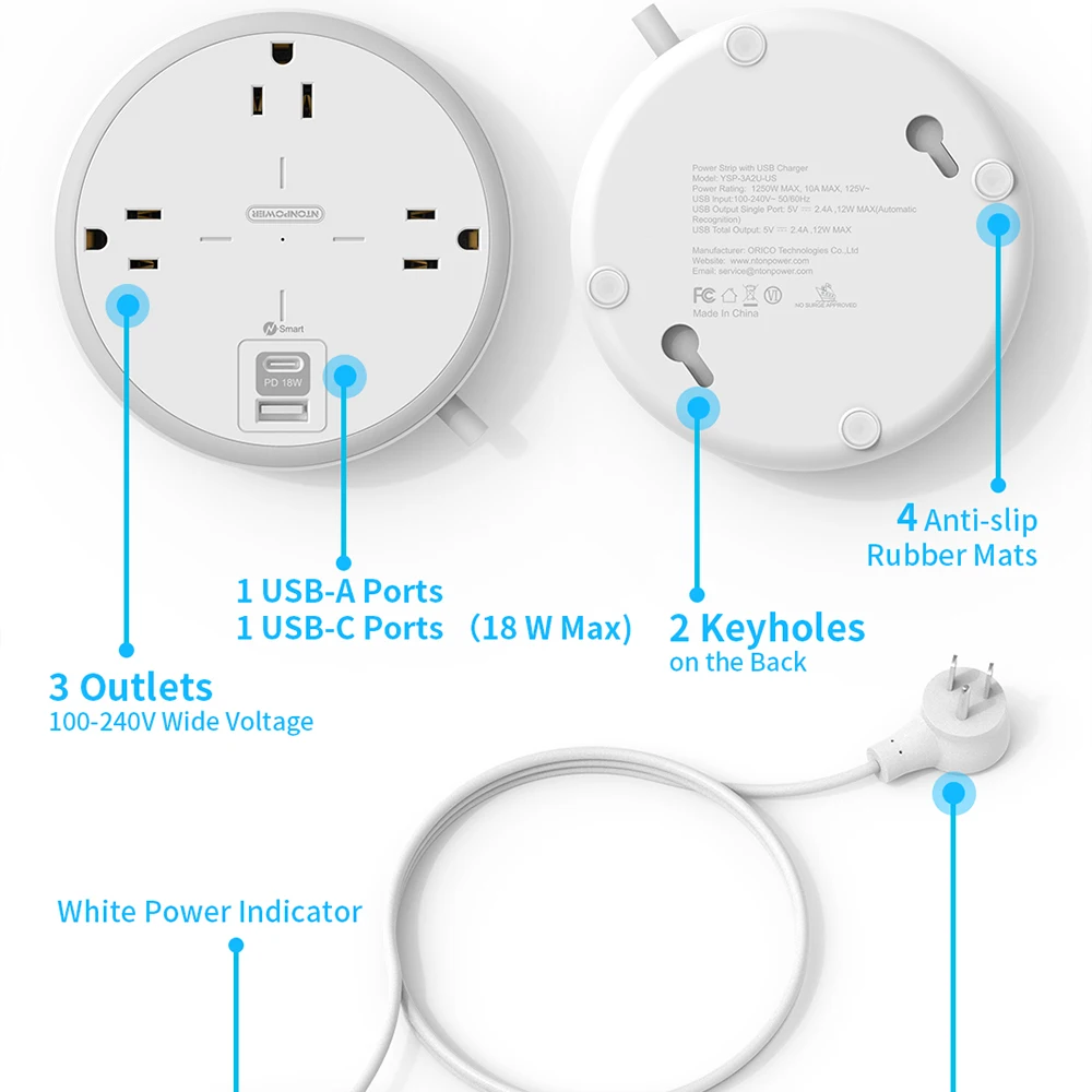 

NTONPOWER US Flat Plug White Power Strip with 18W USB-C Power Delivery with 15FT Extension Cord For Dorm Room Essentials Home