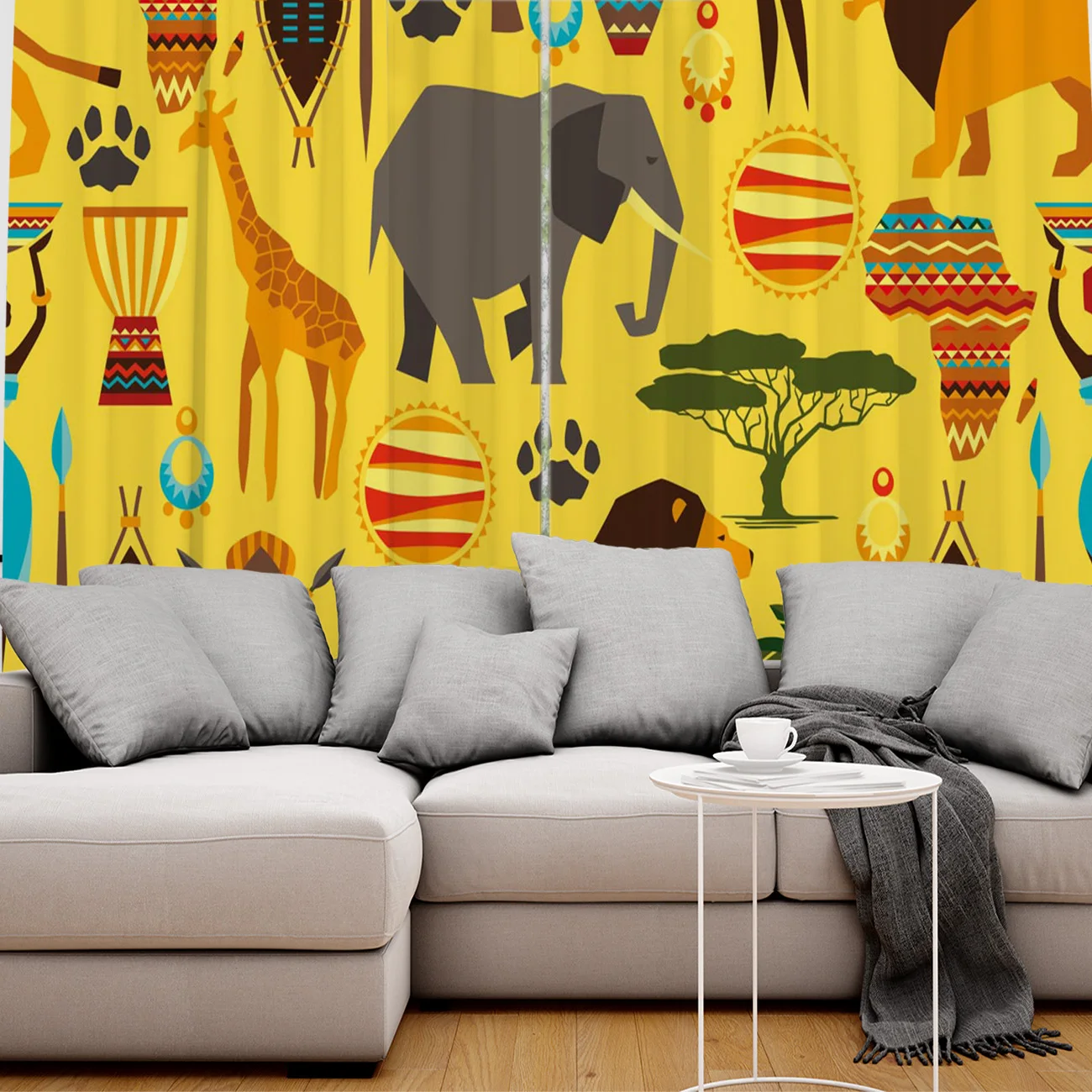 Желтые оконные шторы с иллюстрациями животных слона льва жирафа занавески для
