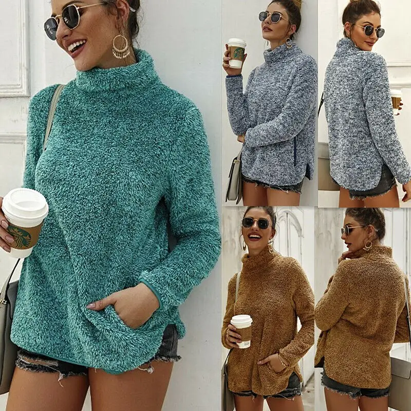 Women Sweatshirts Winter Loose Fluffy Pullover Hoodie Jacket Warm Turtle Neck Outerwear Coat Sweatshirt | Женская одежда